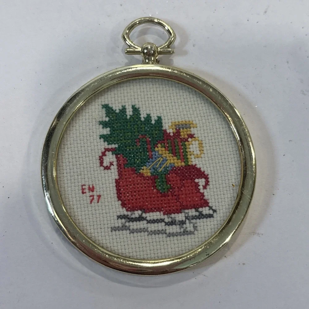 Vintage 1977 Cross Stitch Christmas Ornament Handmade Tree Presents Sleigh 2.5